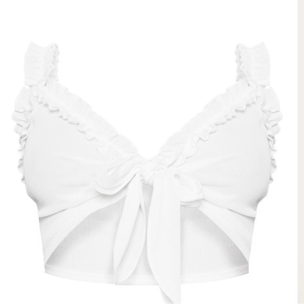 PrettyLittleThing White Ruffled Tie-Front Crop Tank